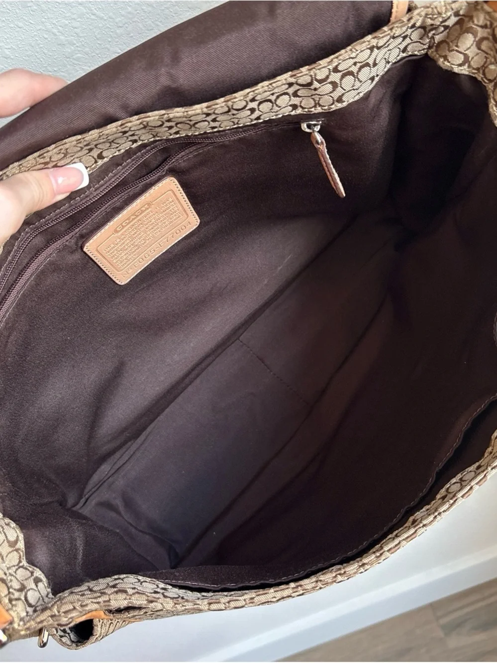 COACH Brown Signature Canvas Messenger with Tan Leather Center Stripe
